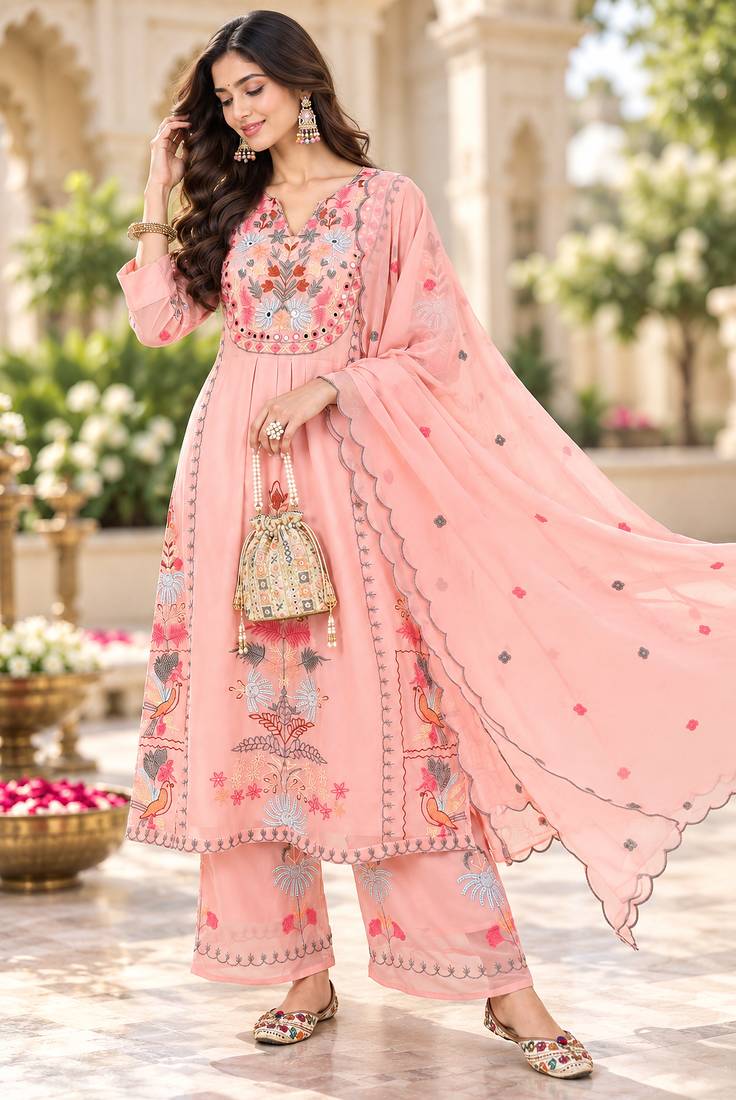 Women's faux georgette fabric thread embroidery kurta set with dupatta