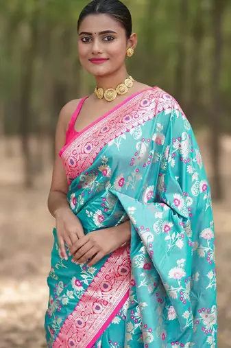 Teal floral silk blend banarasi saree