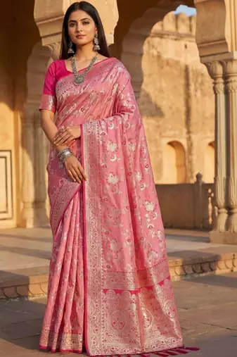 Pink floral silk blend banarasi saree
