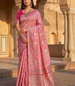 Pink floral silk blend banarasi saree