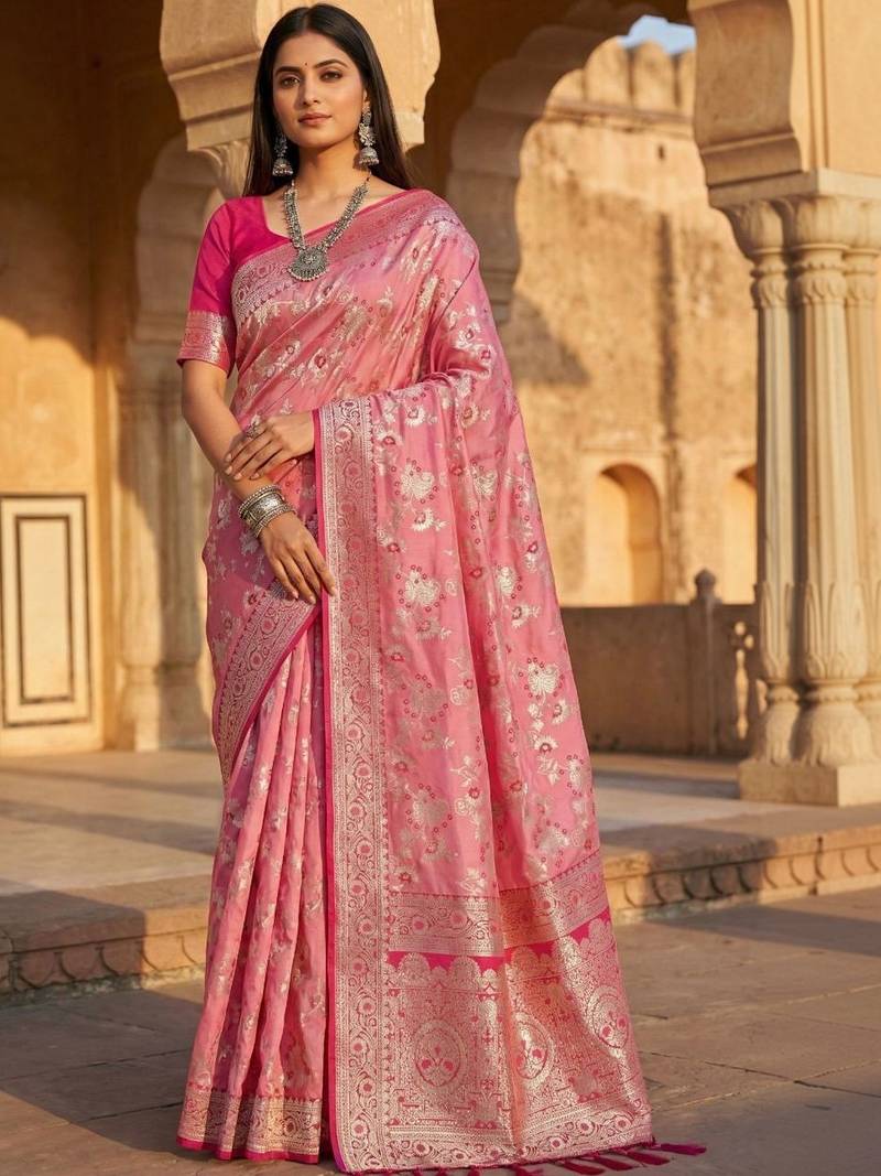 Pink floral silk blend banarasi saree