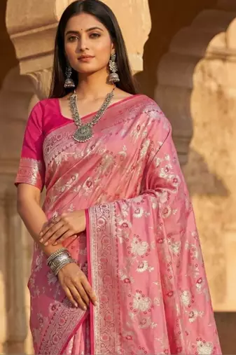Pink floral silk blend banarasi saree