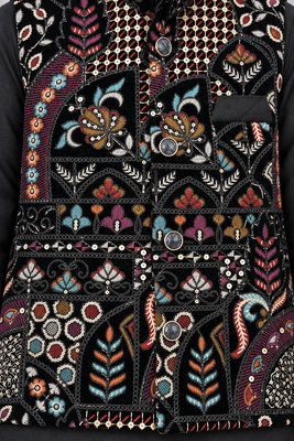 Boys black cotton blend kurta trouser set with velvet floral embroidered sequined waistcoat 3