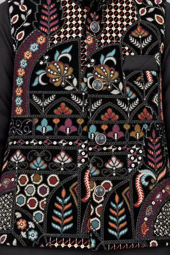 Boys black cotton blend kurta trouser set with velvet floral embroidered sequined waistcoat