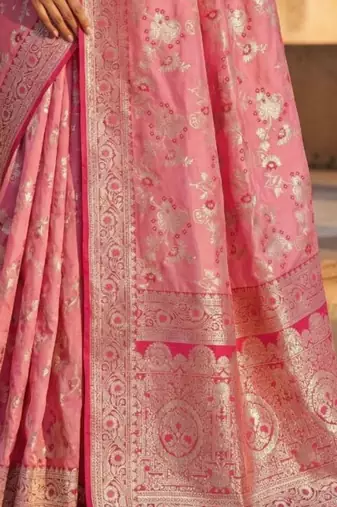 Pink floral silk blend banarasi saree