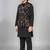Boys black cotton blend kurta trouser set with velvet floral embroidered sequined waistcoat