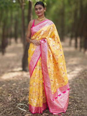 Yellow floral silk blend banarasi saree 1