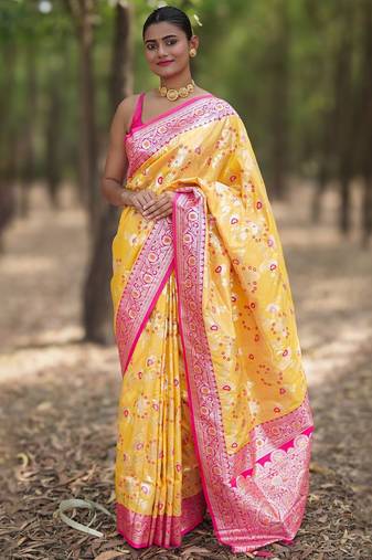 Yellow floral silk blend banarasi saree