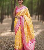 Yellow floral silk blend banarasi saree