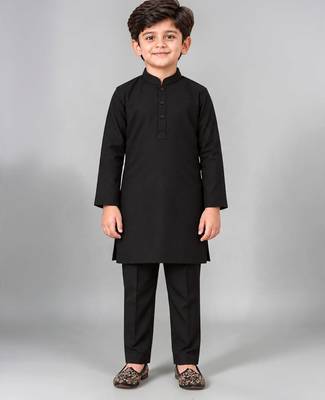 Boys black cotton blend kurta trouser set with velvet floral embroidered sequined waistcoat 5