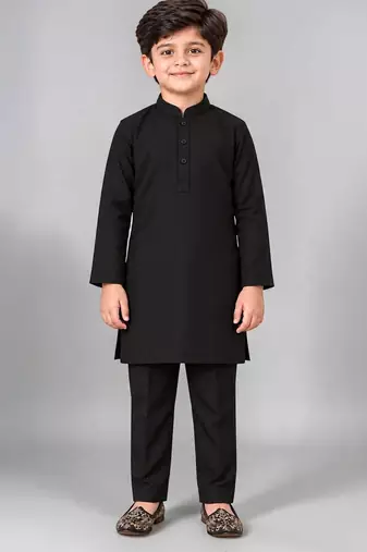 Boys black cotton blend kurta trouser set with velvet floral embroidered sequined waistcoat