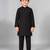 Boys black cotton blend kurta trouser set with velvet floral embroidered sequined waistcoat