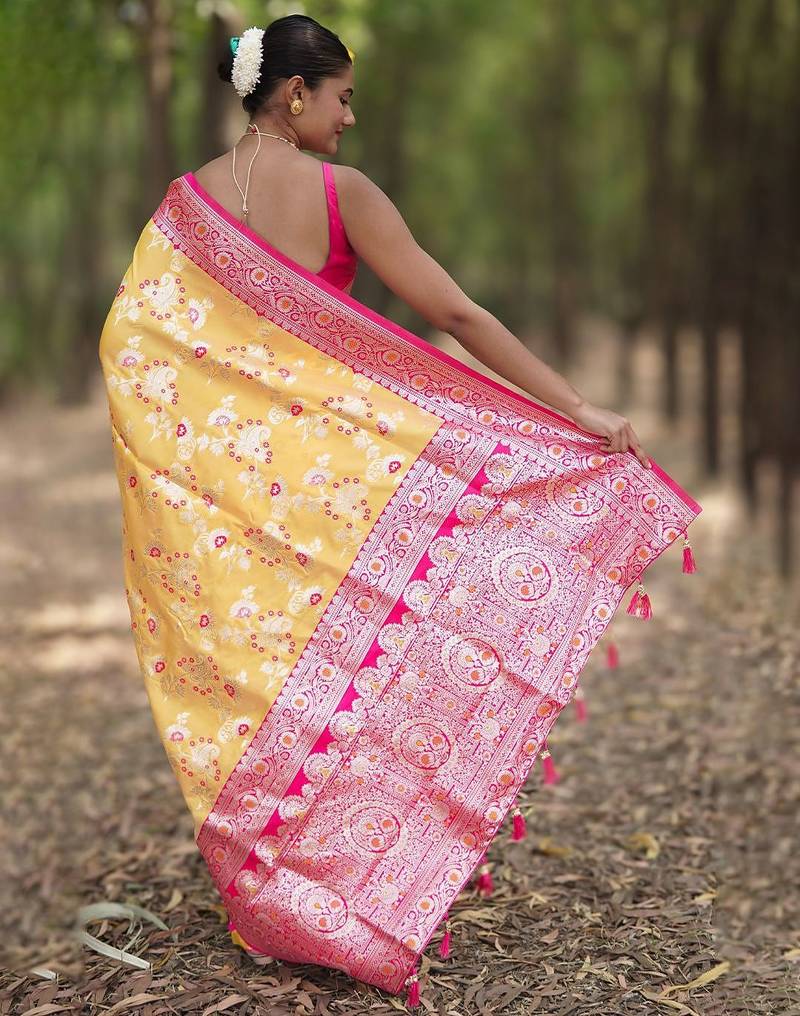 Yellow floral silk blend banarasi saree
