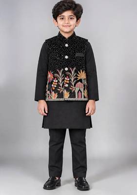 Boys black cotton blend kurta trouser set with velvet floral embroidered swirl sequined waistcoat 1