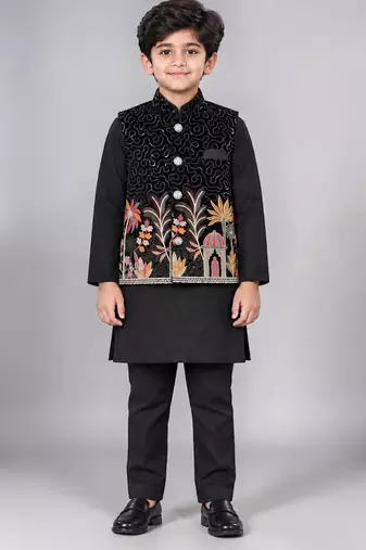 Boys black cotton blend kurta trouser set with velvet floral embroidered swirl sequined waistcoat