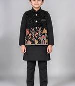 Boys black cotton blend kurta trouser set with velvet floral embroidered swirl sequined waistcoat