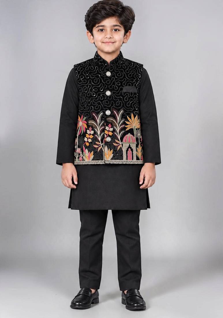 Boys black cotton blend kurta trouser set with velvet floral embroidered swirl sequined waistcoat