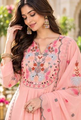 Women's faux georgette fabric thread embroidery kurta set with dupatta 5