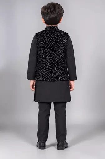Boys black cotton blend kurta trouser set with velvet floral embroidered swirl sequined waistcoat
