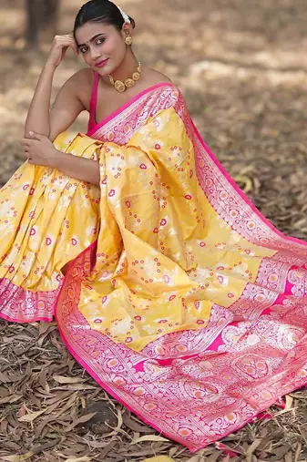Yellow floral silk blend banarasi saree