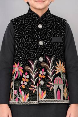 Boys black cotton blend kurta trouser set with velvet floral embroidered swirl sequined waistcoat 3