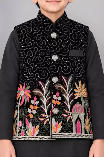 Boys black cotton blend kurta trouser set with velvet floral embroidered swirl sequined waistcoat