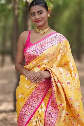 Yellow floral silk blend banarasi saree