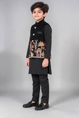 Boys black cotton blend kurta trouser set with velvet floral embroidered swirl sequined waistcoat 4