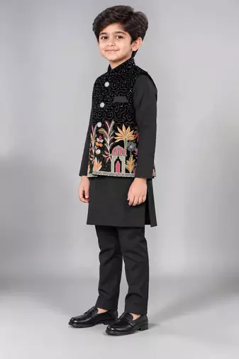Boys black cotton blend kurta trouser set with velvet floral embroidered swirl sequined waistcoat