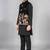 Boys black cotton blend kurta trouser set with velvet floral embroidered swirl sequined waistcoat