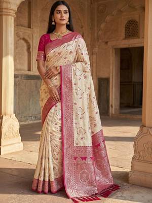 Cream floral silk blend banarasi saree 1
