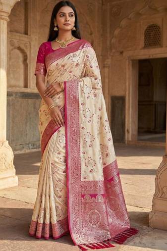 Cream floral silk blend banarasi saree