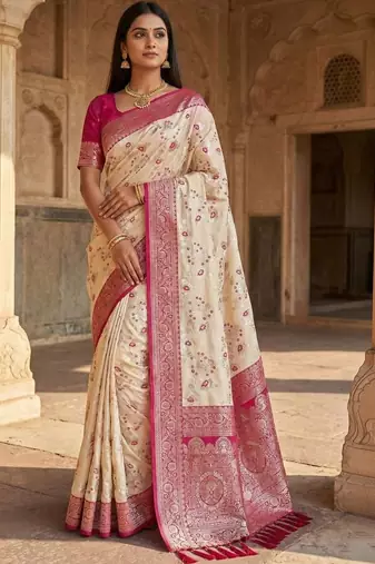 Cream floral silk blend banarasi saree