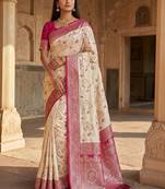 Cream floral silk blend banarasi saree