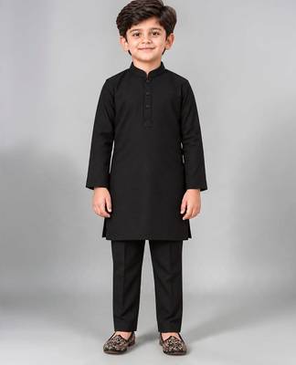 Boys black cotton blend kurta trouser set with velvet floral embroidered swirl sequined waistcoat 5