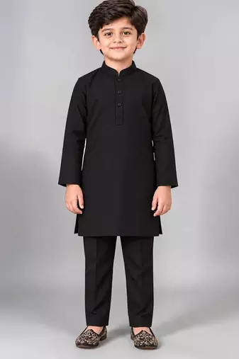 Boys black cotton blend kurta trouser set with velvet floral embroidered swirl sequined waistcoat