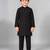 Boys black cotton blend kurta trouser set with velvet floral embroidered swirl sequined waistcoat