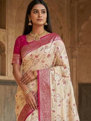 Cream floral silk blend banarasi saree 2