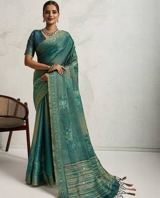 Teal floral printed sequinned tissue saree 1
