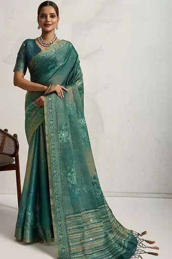 Teal floral printed sequinned tissue saree