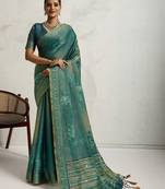 Teal floral printed sequinned tissue saree