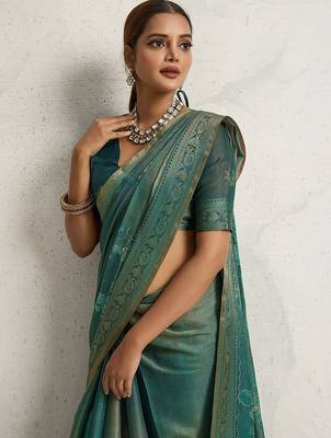 Teal floral printed sequinned tissue saree 2