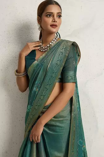 Teal floral printed sequinned tissue saree