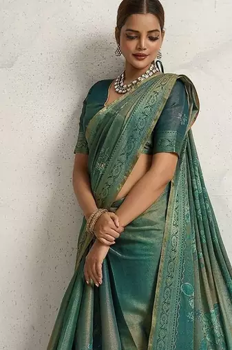 Teal floral printed sequinned tissue saree