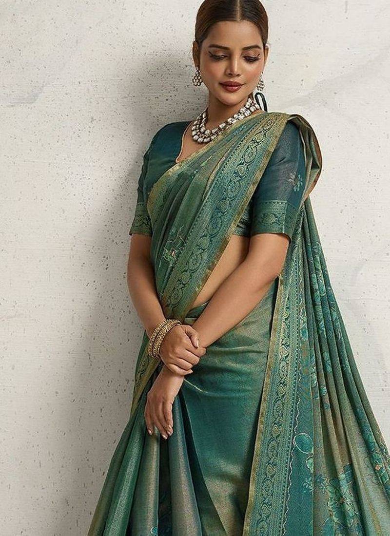 Teal floral printed sequinned tissue saree