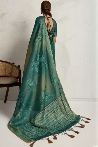 Teal floral printed sequinned tissue saree
