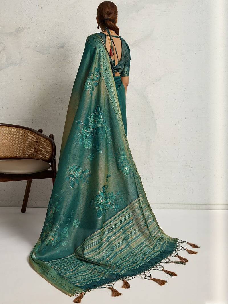 Teal floral printed sequinned tissue saree