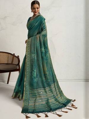 Teal floral printed sequinned tissue saree 5