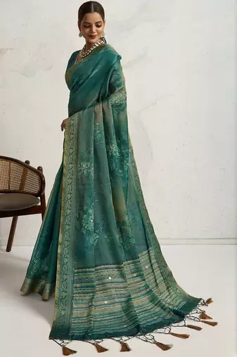 Teal floral printed sequinned tissue saree