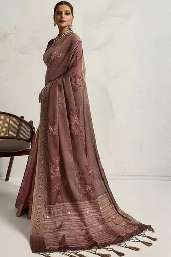 Purple floral sequinned heavy work saree